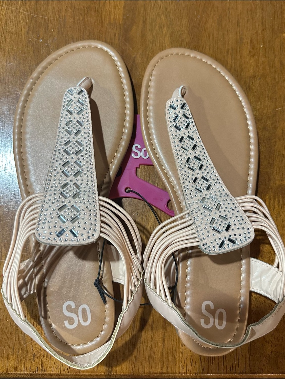 SO Women's Nude Rhinestone Gladiator Thong Sandals